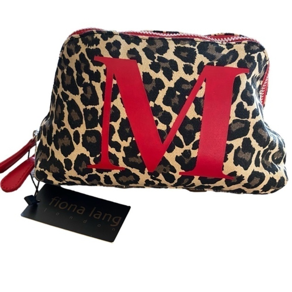 FIONA LANG "M" Animal Print Clutch/Toiletry Bag, Tan/Black/Red NWT